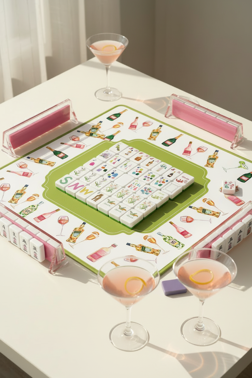 Cocktails American mahjong kit arranged on a bright table with pink martini glasses