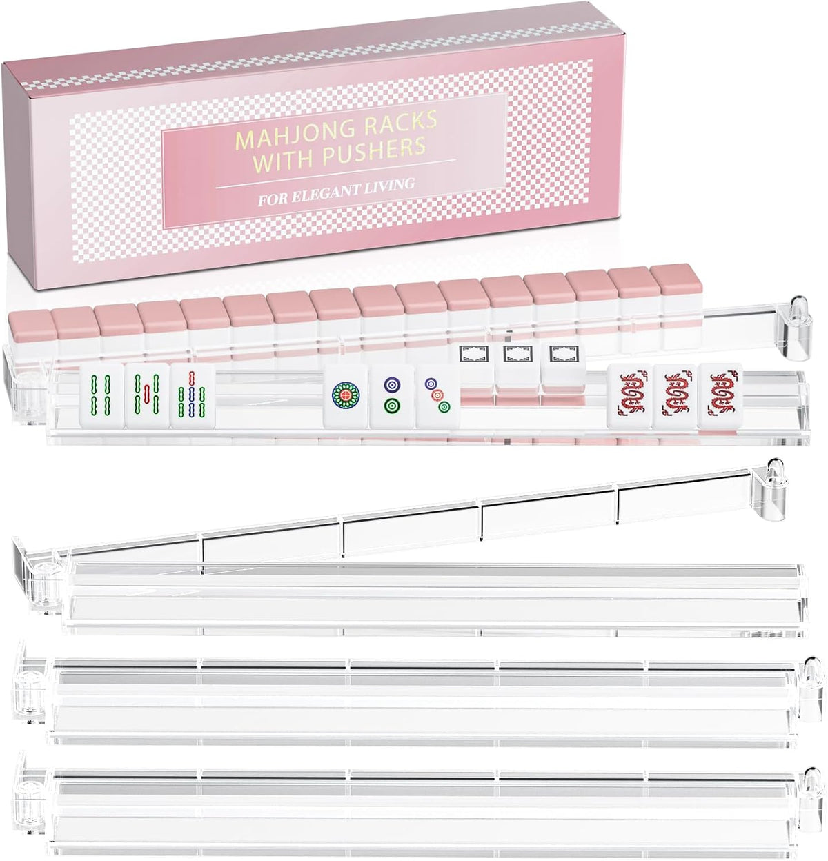 4-Pack Acrylic Clear Mahjong Racks with Pushers