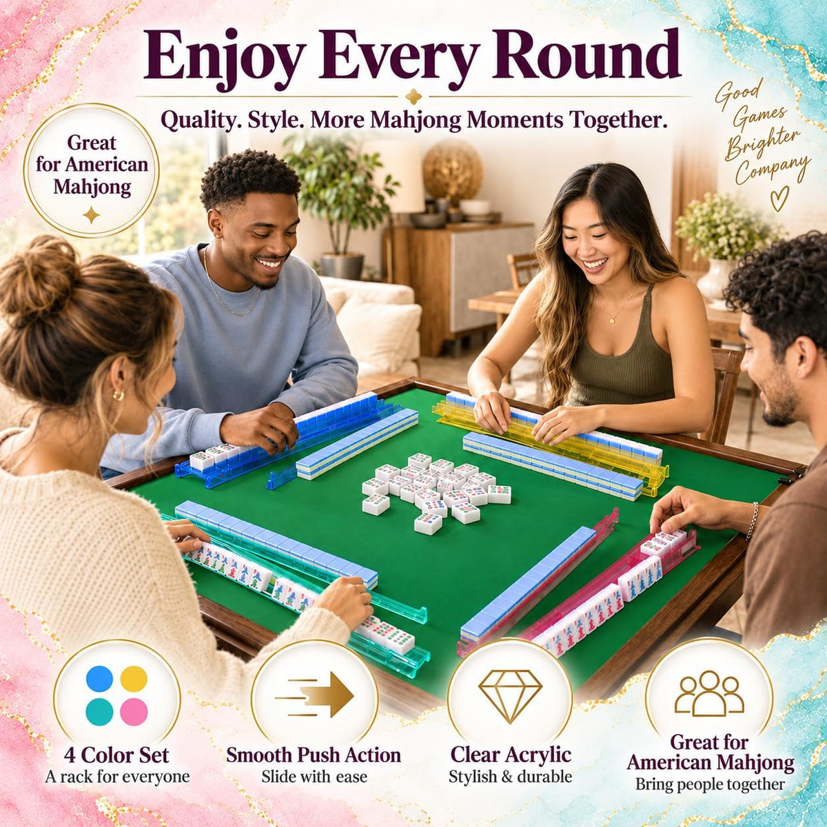 4 Pack Mahjong Tile Racks with Pushers - Acrylic Colors